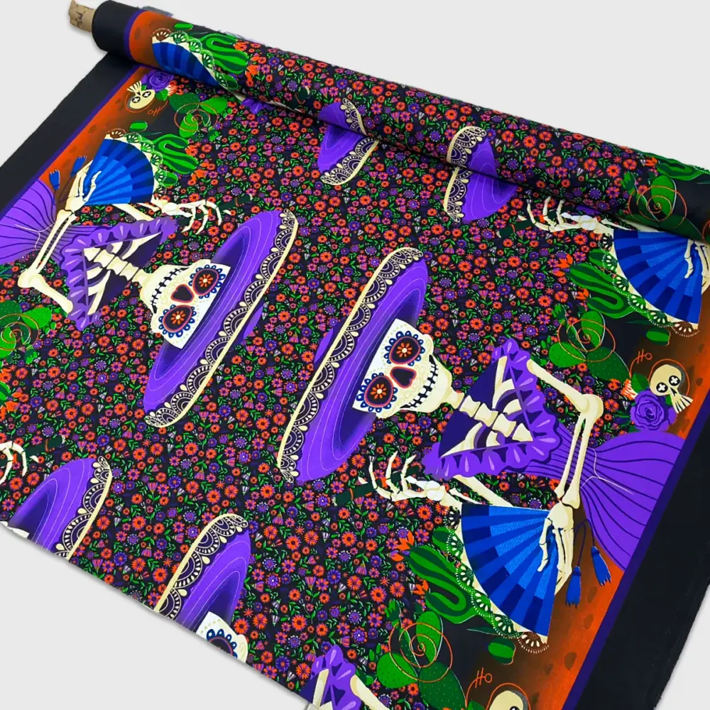 Tela Minimatt "Jardín Oscuro de Catrinas" 150 cm ancho - Especial para Cortinas y Manualidades, Colección Día de Muertos - Rollo 30 m Modatelas