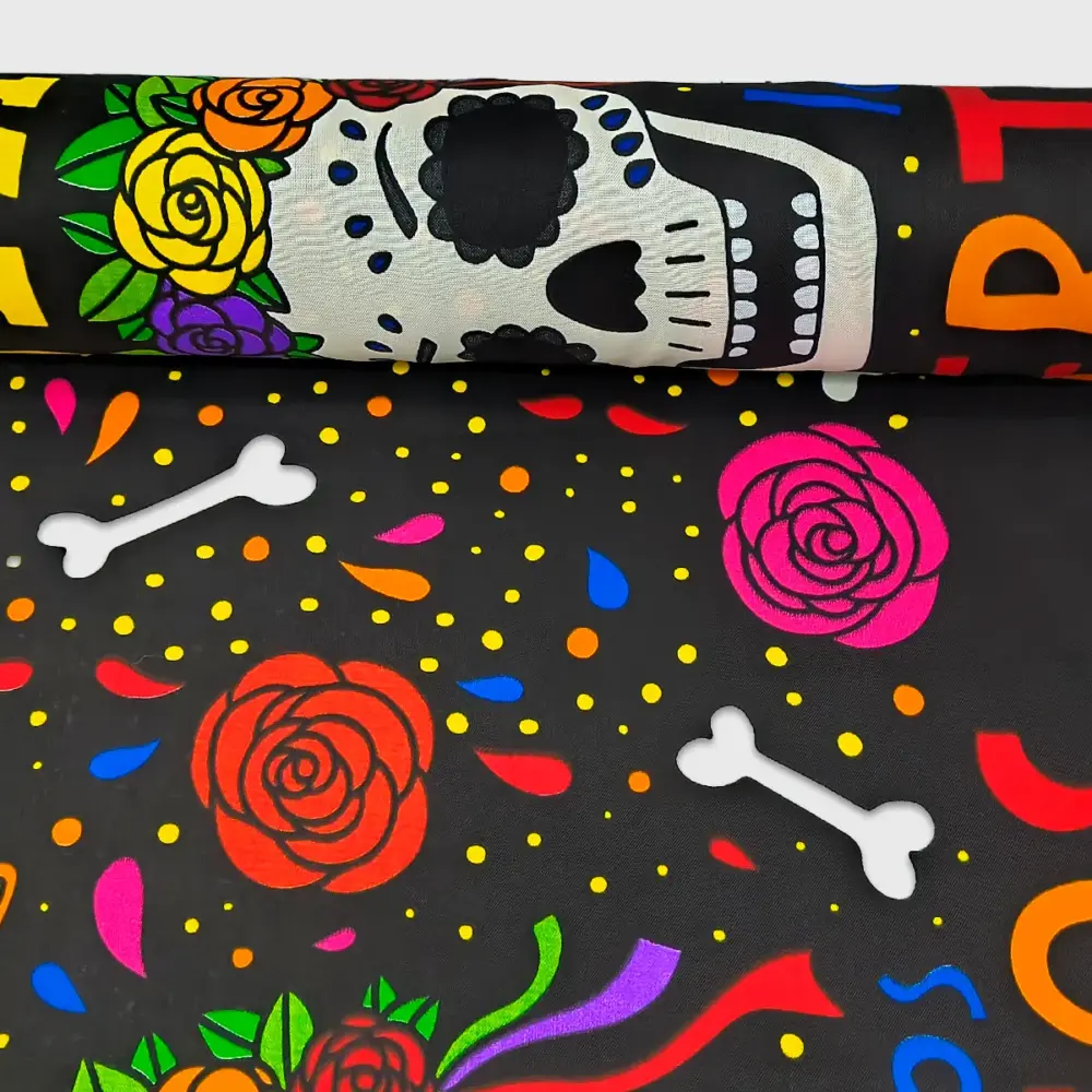 Tela Minimatt "Corona de Rosas y Calaveras" 150 cm ancho - Perfecta para Altares, Manteles y Hogar, Colección Día de Muertos - Rollo 30 m Modatelas 2