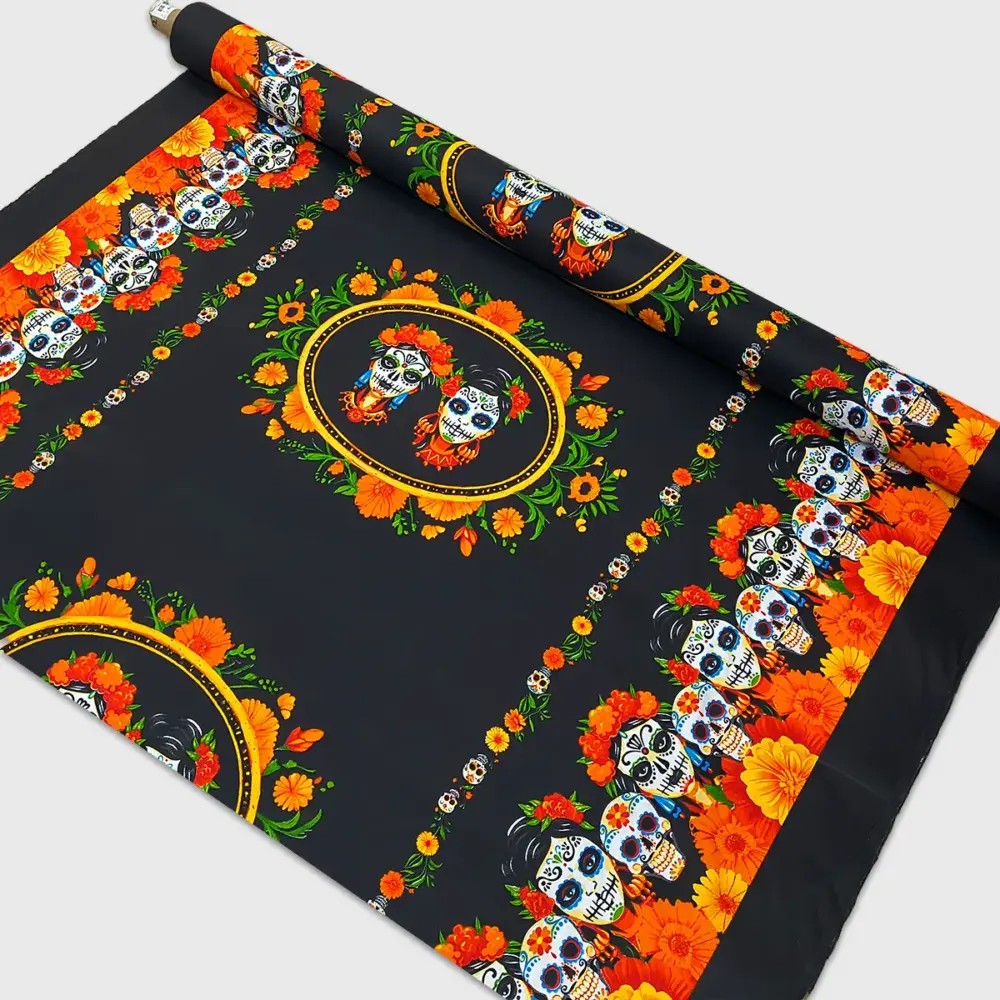 Tela Minimatt "Cuando la Muerte Llama" 150 cm ancho - Perfecta para Mantelería, Ofrendas y Altares, Colección Día de Muertos - Rollo 30 m Modatelas
