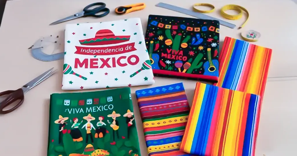 telas Patrias para fiestas mexicanas: mantel Minimatt Patrio, tela Sevillana Patria, mantel Plástico Patrio y algodon patrio