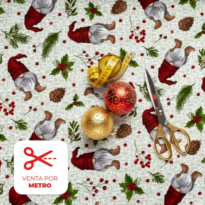 Tela Loneta Navideña "Gnomos de la Nochebuena", por metro Modatelas