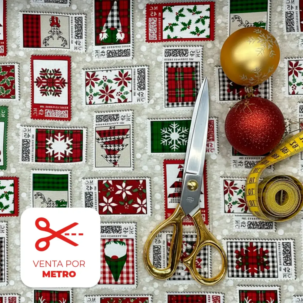 Tela Loneta Navideña "Estampillas de Nochebuena" 140 cm ancho – Ideal para Cortinas, Mantelería y Cojines - Por Metro - Modatelas