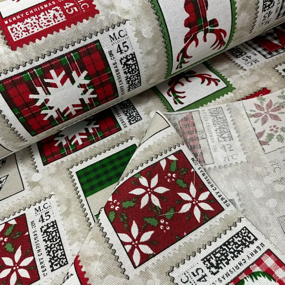 Tela Loneta Navideña "Estampillas de Nochebuena" 140 cm ancho – Ideal para Cortinas, Mantelería y Cojines - Rollo 30 m Modatelas 3