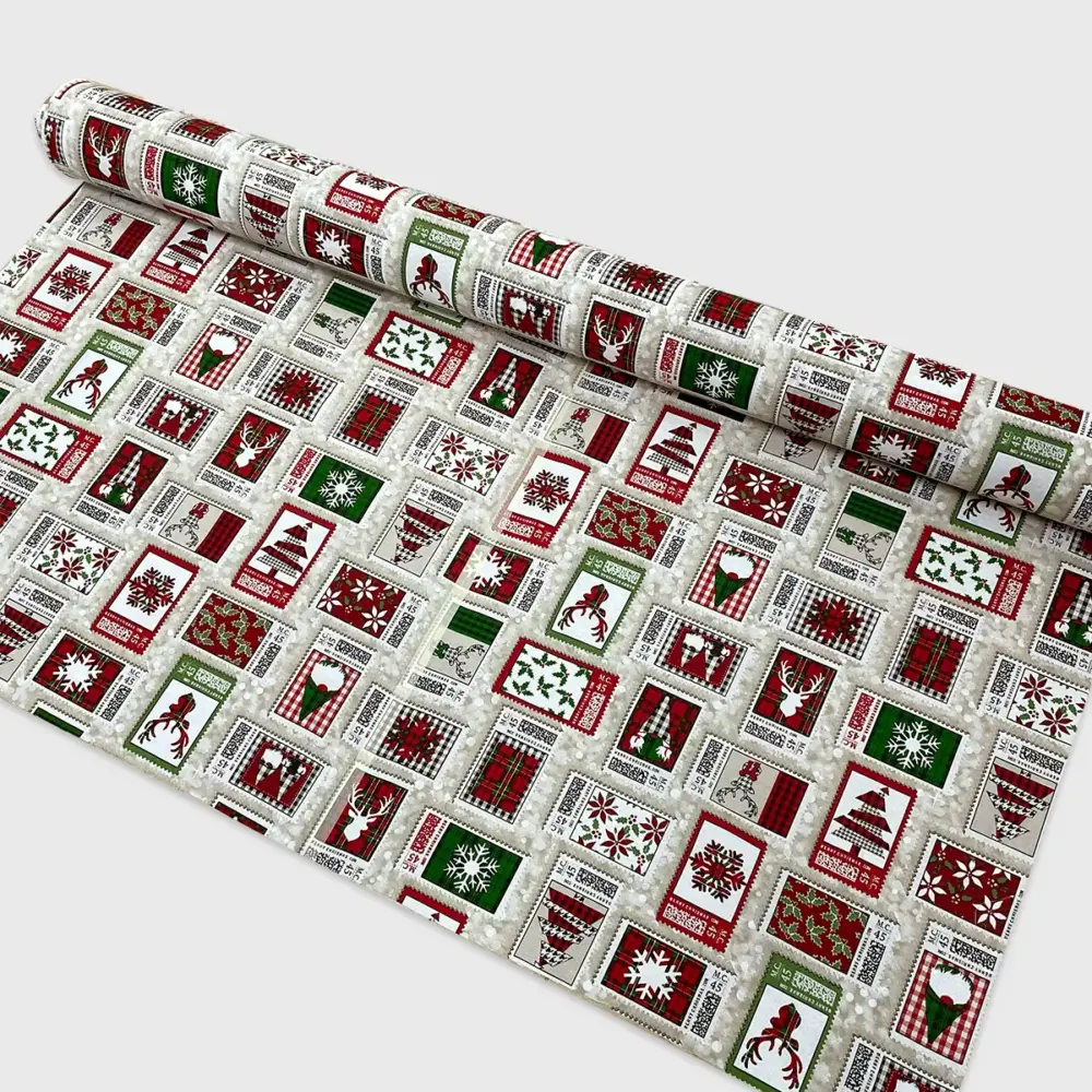 Tela Loneta Navideña "Estampillas de Nochebuena" 140 cm ancho – Ideal para Cortinas, Mantelería y Cojines - Rollo 30 m Modatelas