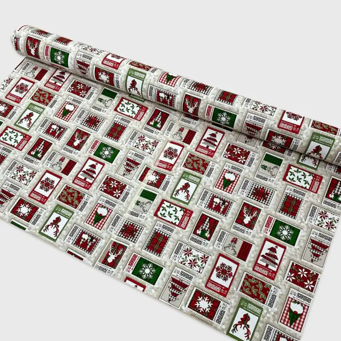 Tela Loneta Navideña "Estampillas de Nochebuena" 140 cm ancho – Ideal para Cortinas, Mantelería y Cojines - Rollo 30 m Modatelas