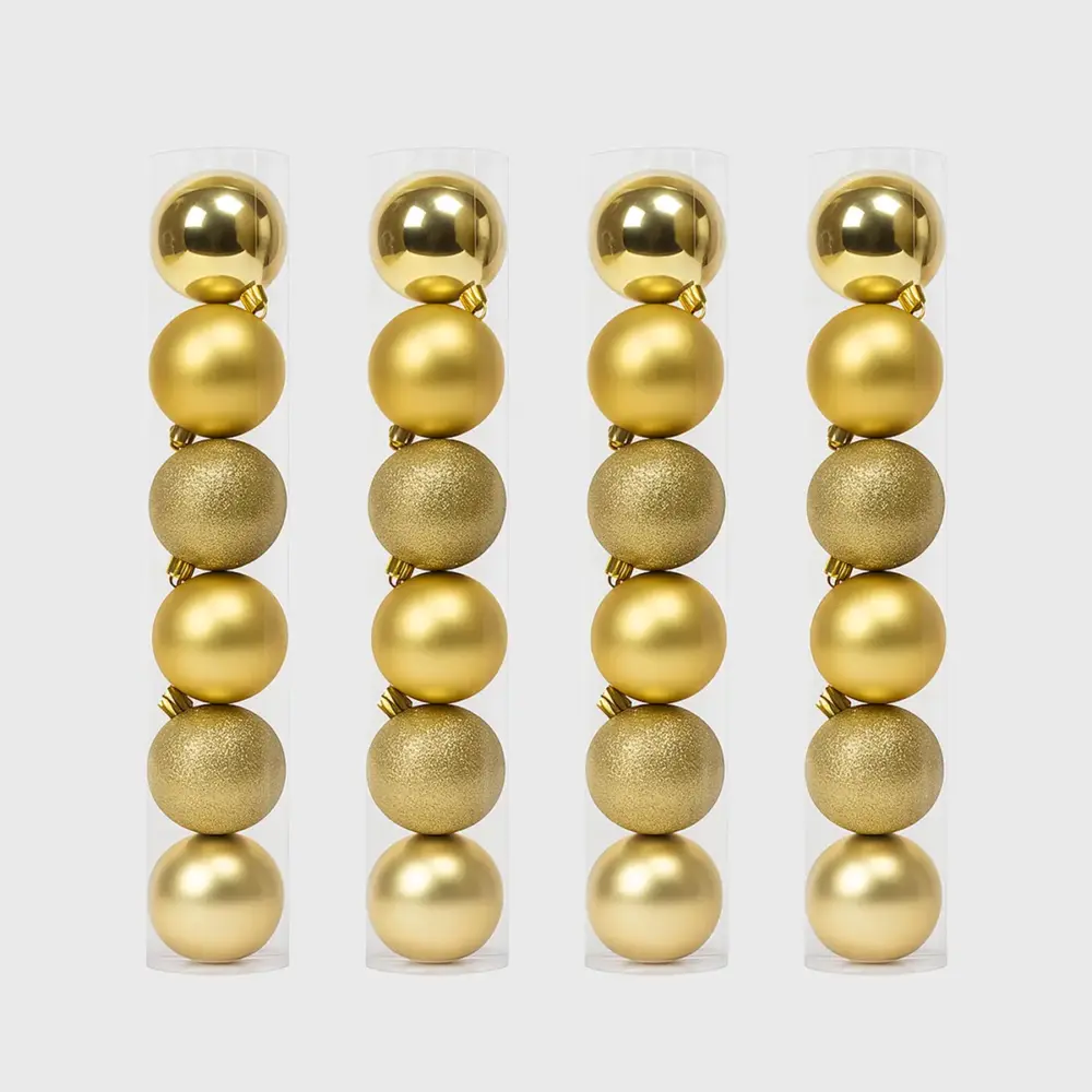 Paquete de 24 Esferas Navideñas Doradas de Plástico – Acabado Brillante, Diamantado y Mate modatelas