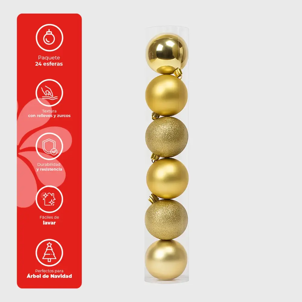 Paquete de 24 Esferas Navideñas Doradas de Plástico – Acabado Brillante, Diamantado y Mate modatelas 2