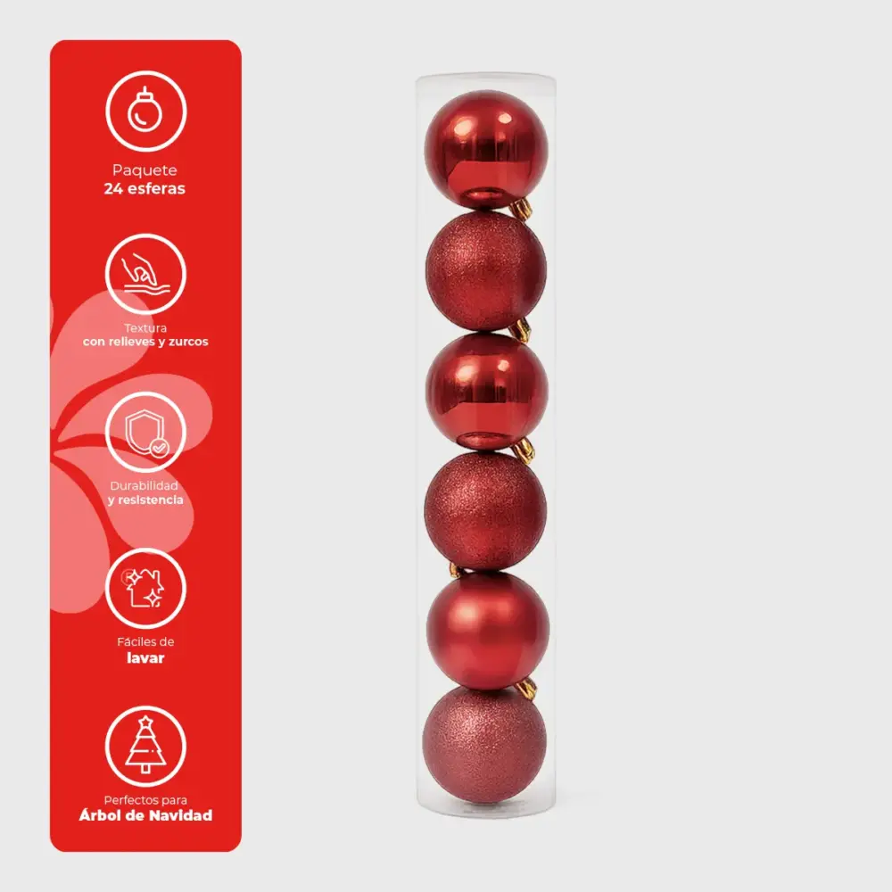 Paquete de 24 Esferas Navideñas Rojas de Plástico – Acabado Brillante, Diamantado y Mate modatelas 2