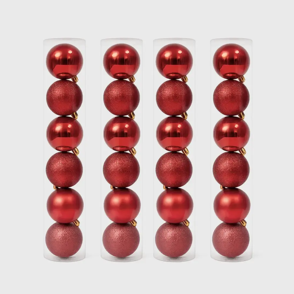 Paquete de 24 Esferas Navideñas Rojas de Plástico – Acabado Brillante, Diamantado y Mate modatelas