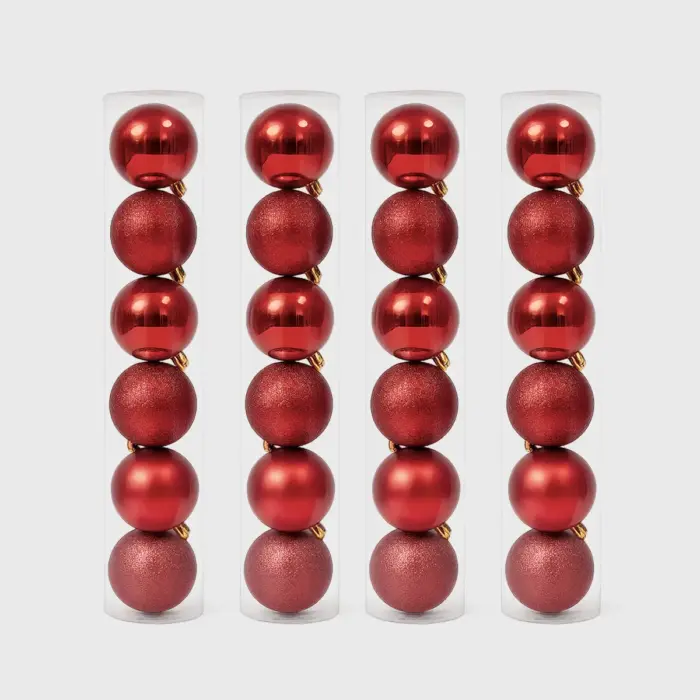 Paquete de 24 Esferas Navideñas Rojas de Plástico – Acabado Brillante, Diamantado y Mate modatelas