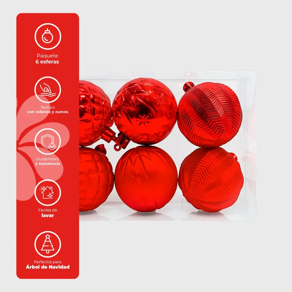 Paquete de 6 Esferas Navideñas Rojas de Plástico – Diseños Surtidos en Acabado Mate y Brillante modatelas 5