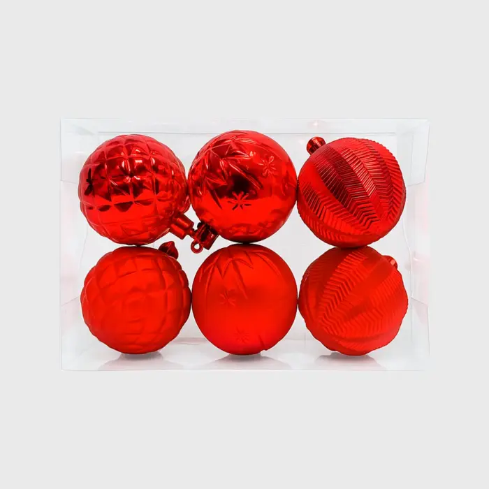 Paquete de 6 Esferas Navideñas Rojas de Plástico – Diseños Surtidos en Acabado Mate y Brillante modatelas