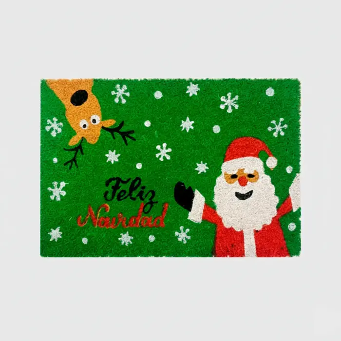 Tapete Navideño de Fibra de Coco “Feliz Navidad con Santa y Reno” 40x60 cm – Ideal para Decorar la Entrada del Hogar modatelas