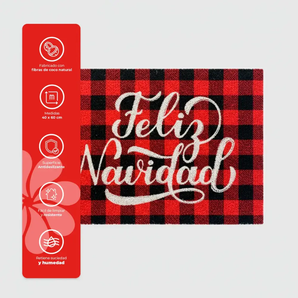 Tapete Navideño de Fibra de Coco “Feliz Navidad Clásica” 40x60 cm – Estilo Rústico Rojo y Negro para la Entrada del Hogar modatelas 2