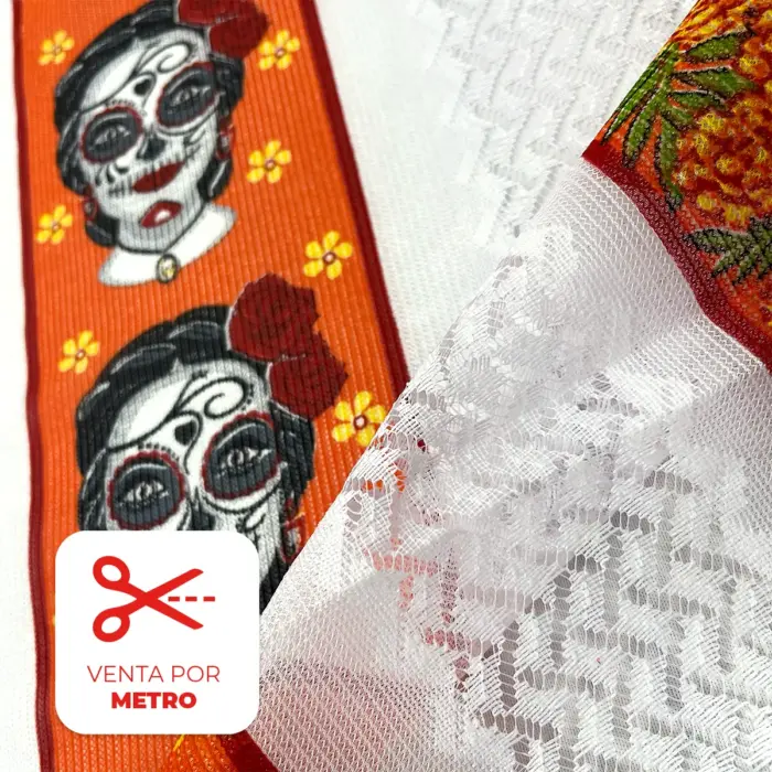 Tela Sevillana «La Catrina que Baila entre Cempasúchiles» 140 cm ancho - Precio por Metro Modatelas